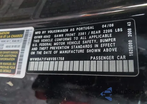 2008 Volkswagen Eos Komfort/Turbo из США, поврежденный, VIN WVWBA71F48V051758